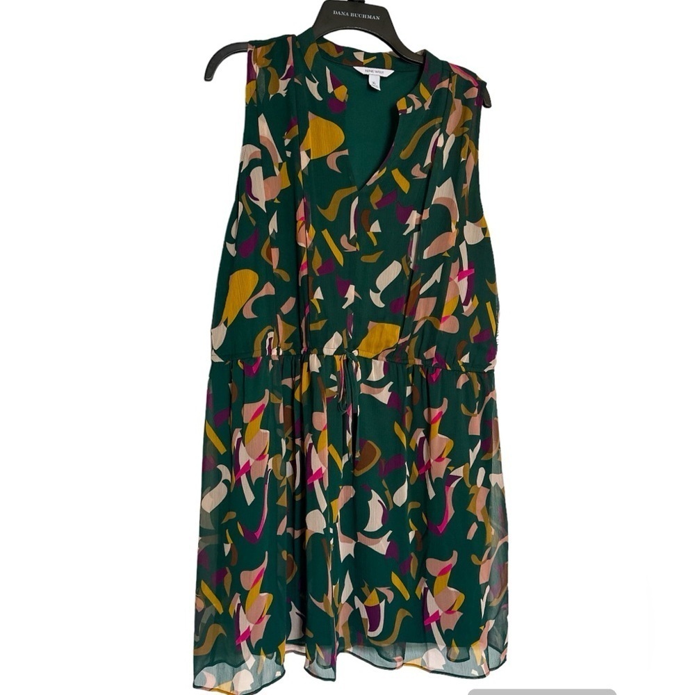 Nine West Fit & Flare Dress XL Green Multicolor Tie Waist Sleeveless
